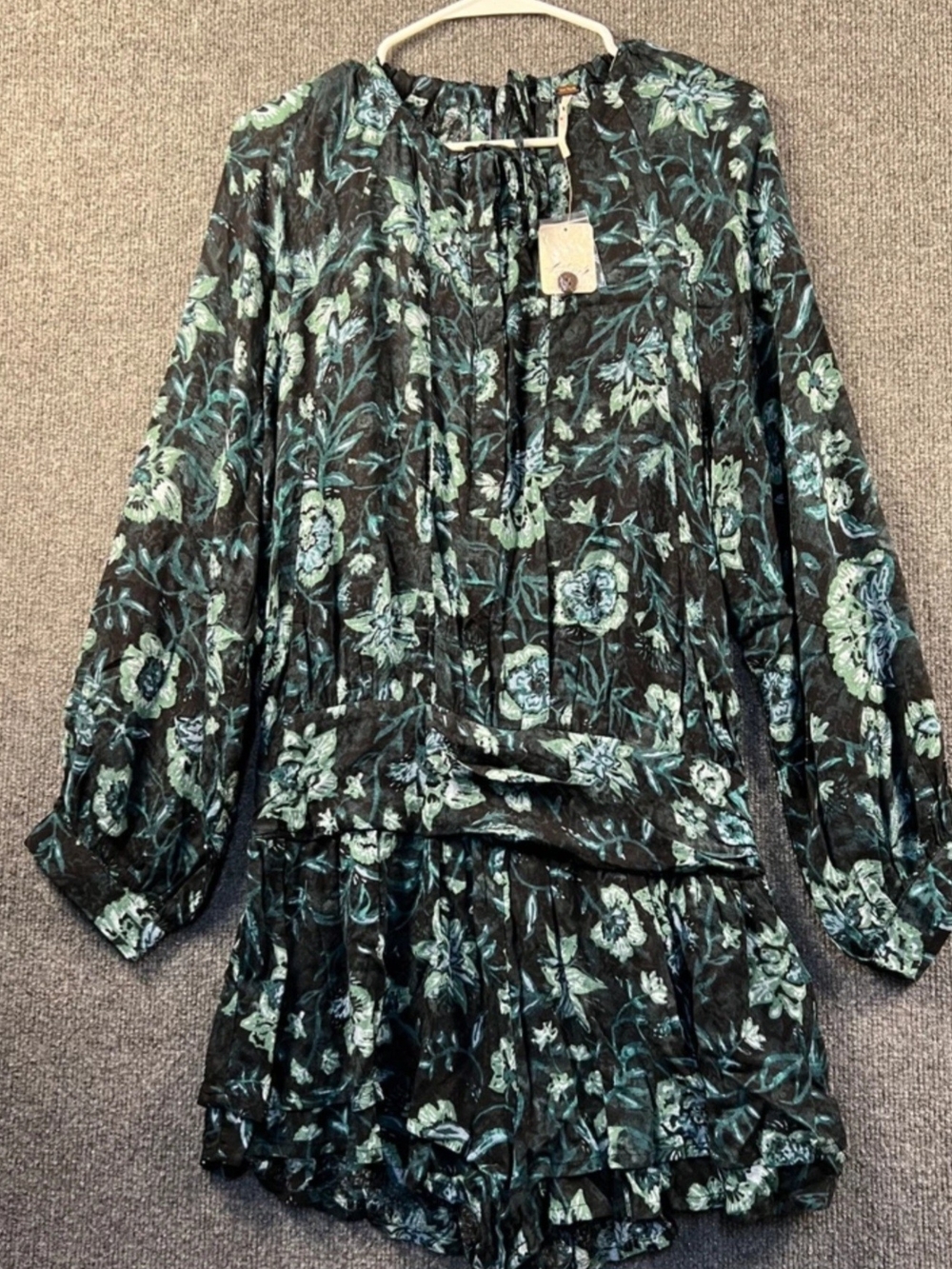 Free People Black Long-Sleeve Mini Dress with Teal Floral Print